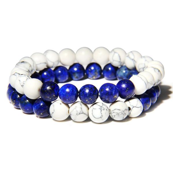 

beaded, strands 2pcs/set lapis lazuli beaded bracelet natural stone jades agat couple distance bracelets for women men friend jewelry gift, Black