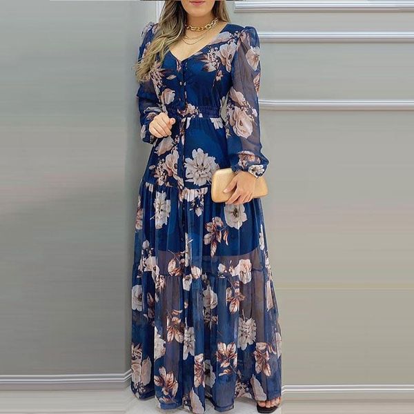 

casual dresses 2021 summer women loose beach wear boho style long sleeve dress floral print lantern v-neck chiffon maxi, Black;gray