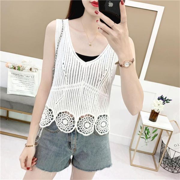 

women's tanks & camis summer lace tank sleeveless t shirt women v-neck beach cover up 2021 fashion crochet vest mujer tee femme, White