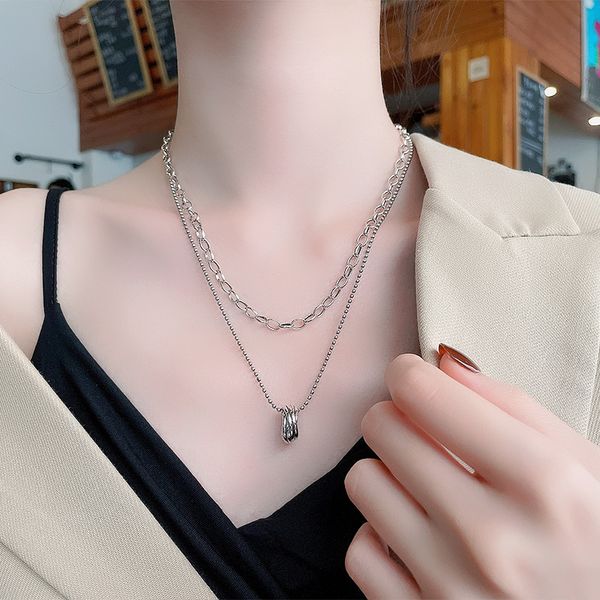 

chaosheng s925 sterling silver net red double layer circle cool style hip hop punk light luxury necklace