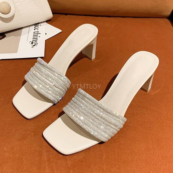 

slippers women's shoes outdoor summer 2021 fashion diamond thick heel square toe temperament sandals ytmtloy, Black