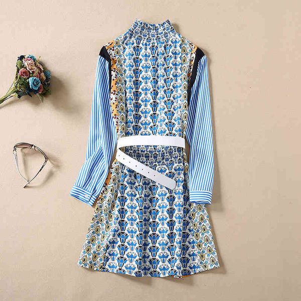 

dresses celebrity style summer women blue floral striped print white belt deco slim fitted long sleeve, Black;gray