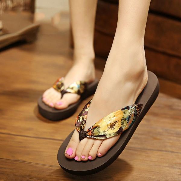 

summer womens slippers bohemian satin slope heel female sandals beach flats anti slip clip foot flip flops large size, Black