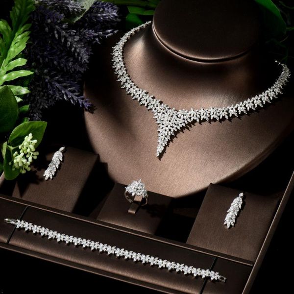 

earrings & necklace hibride gorgeous cubic zircon jewelry set leaf wedding earring for lover brides gift n-131, Silver