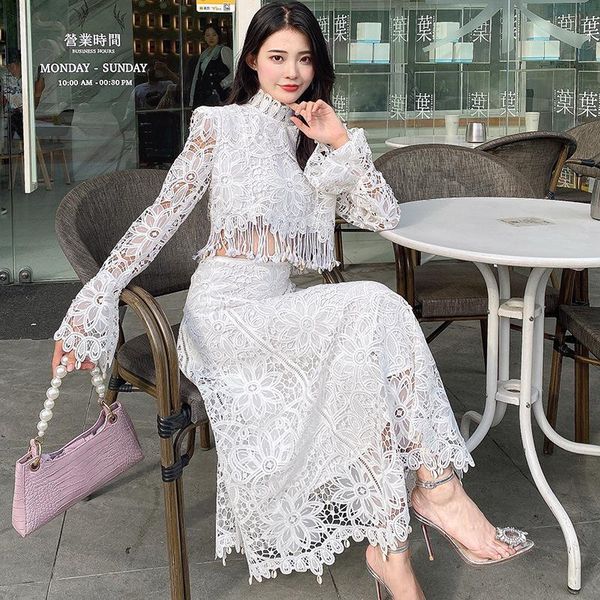 

casual dresses stunning high end 2 pieces set dress long party queen tasssels lace embroidery flare sleeve robe longue vestido largo, Black;gray