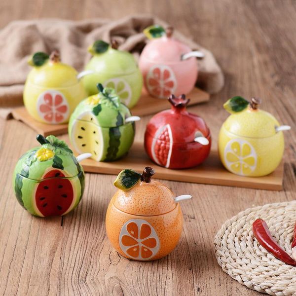 

storage bottles & jars 1 pcs creative kitchen condiment flavoring bottle jar with lid spoon cute fruit type chilli miscellaneous grains