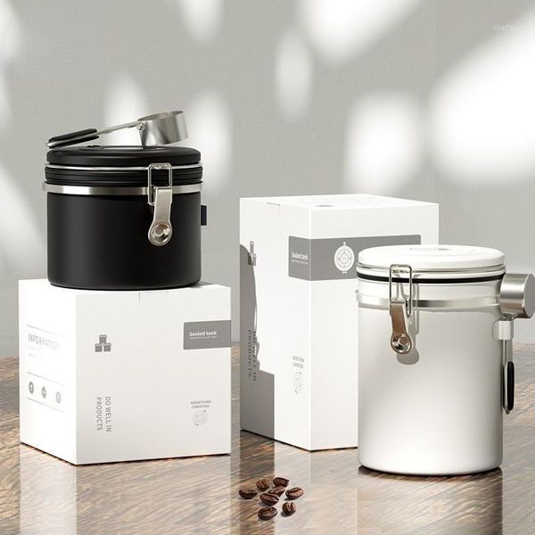 

storage bottles & jars coffee bean sealed tank 304 stainless steel exhaust valve breathable with spoon fresh-keeping
