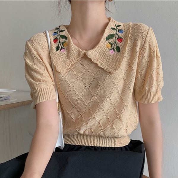 

women's tanks & camis hzirip vintage embroidery of floral mesh peter pan collar sweet female short sleeves women will see all-match swe, White