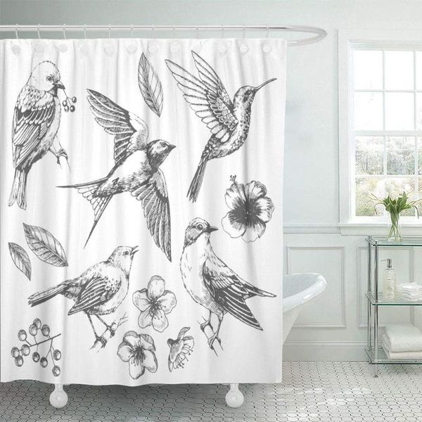 

shower curtains fabric curtain with hooks vintage of birds and flowers line drawings ink sketch flying retro nature linear floral