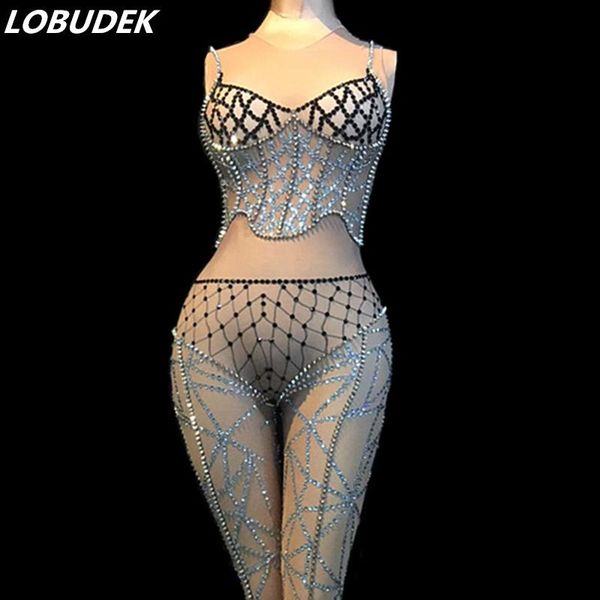 

women's jumpsuits & rompers perspective mesh crystals sleeveless jumpsuit nightclub women costume bar party dj singer show stage outfit, Black;white