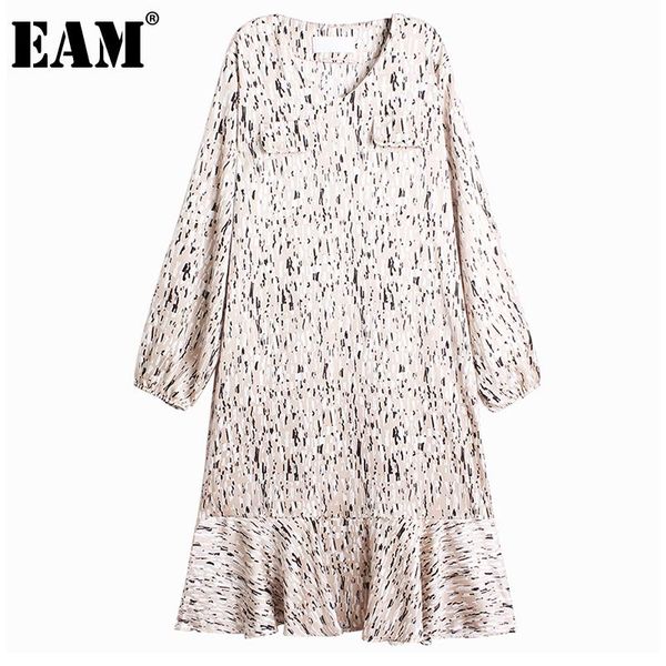 

[eam] womenpattern print black reffles big size midi dress round neck long sleeve loose fashion spring autumn 2021 1dd4775 casual dresses, Black;gray