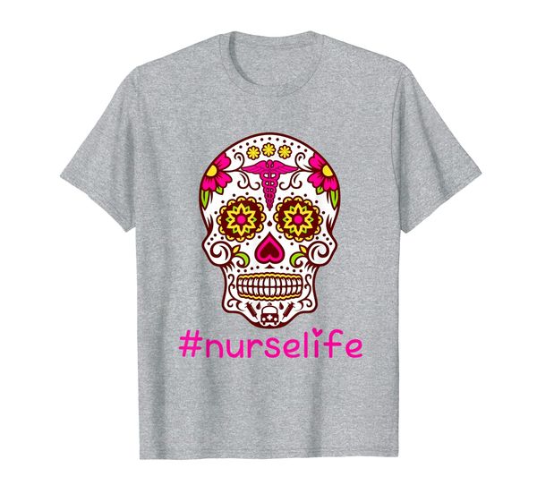 

sugar skull nurse life flower day of the dead shirt gift t-shirt, White;black