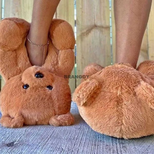 

women's teddy cear fluffy slippers ladies cartoon bear furry cotton shoes female house warm fur shoes cute pluse slides y0902, Black