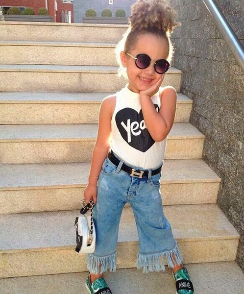 

jeans 2021 girls cotton sleeveless white t denim fringed pants two-piece set the most fashionable cool party show girl gift, Blue