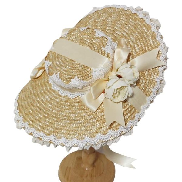 

wide brim hats japanese lolita sweet straw sun hat lace ribbon bow tea party flat cap 03kf, Blue;gray