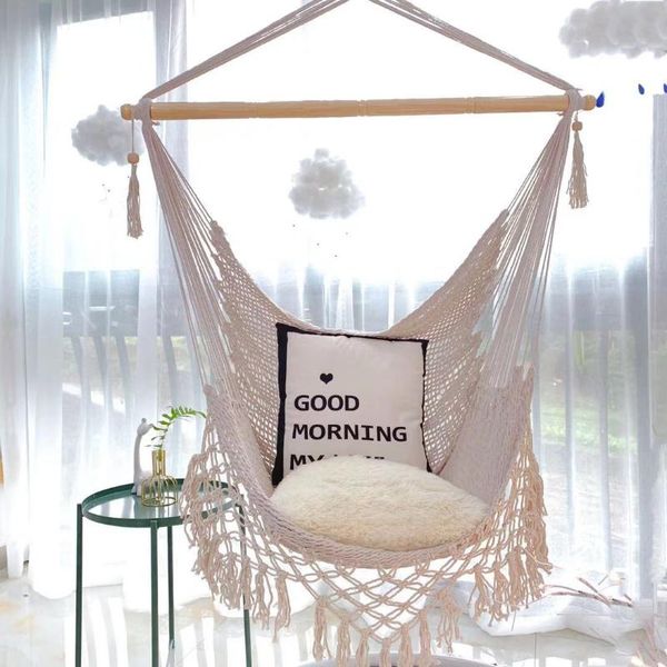 

nordic net lace hammock chair hand woven swing with cotton rope and tassel art small fresh indoor single garden furniture camp