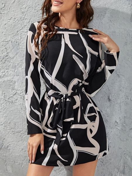 

graphic print belted dress a5gs#, Black;gray