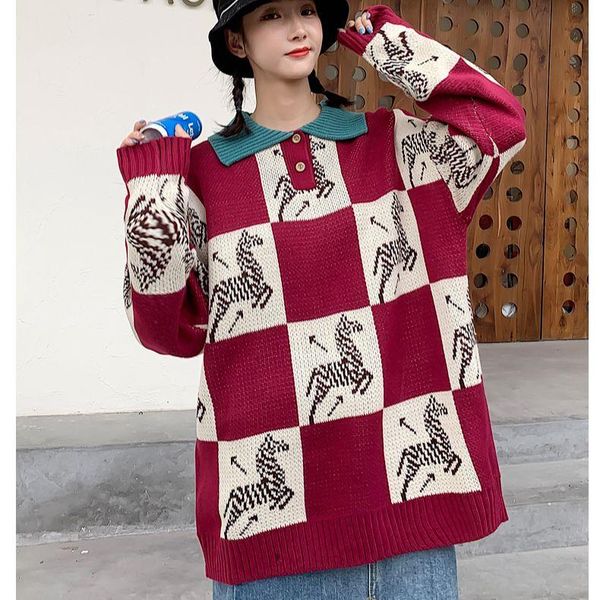 

women's sweaters oversized sweater stitching plaid collar retro single-breasted streetwear casual harajuku winter, White;black