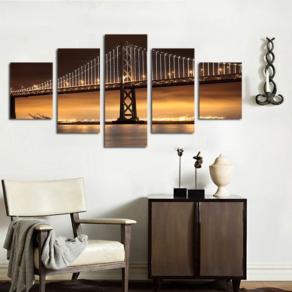 

5pcs/set unframed the night of brooklyn bridge bright painting hd print on canvas wall art for living room deco