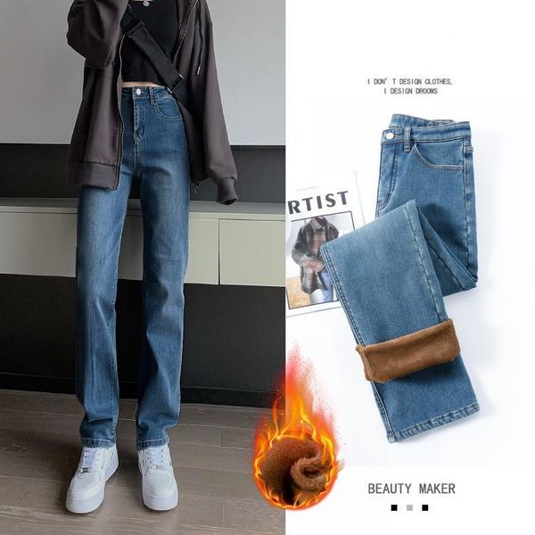 

women's jeans guuzyuviz stretch straight mom high waist plus size denim pants ladies casual vintage vaqueros mujer winter thicken velve, Blue