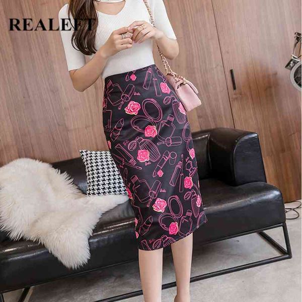 

spring summer floral print fashion sheath wrap skirts high waist pencil midi skirt zipper back split womens 210428, Black