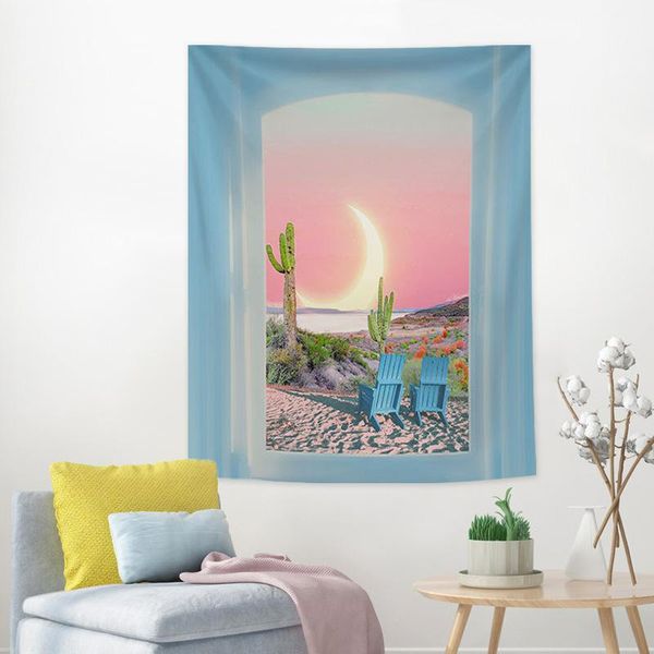 

tapestries cute window scenery tapestry moon cactus wall hanging bedroom decoration sea building tapiz apartment decorating
