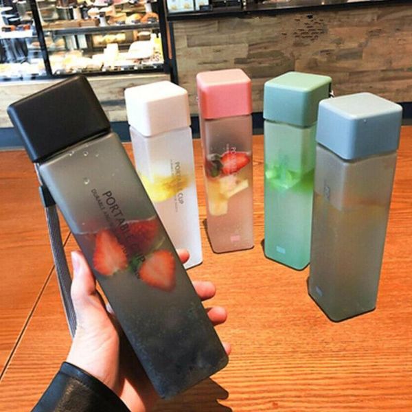 

water bottle 1pc 500ml transparent square plastic matte cup outdoor cold juice sports with portable milk rope