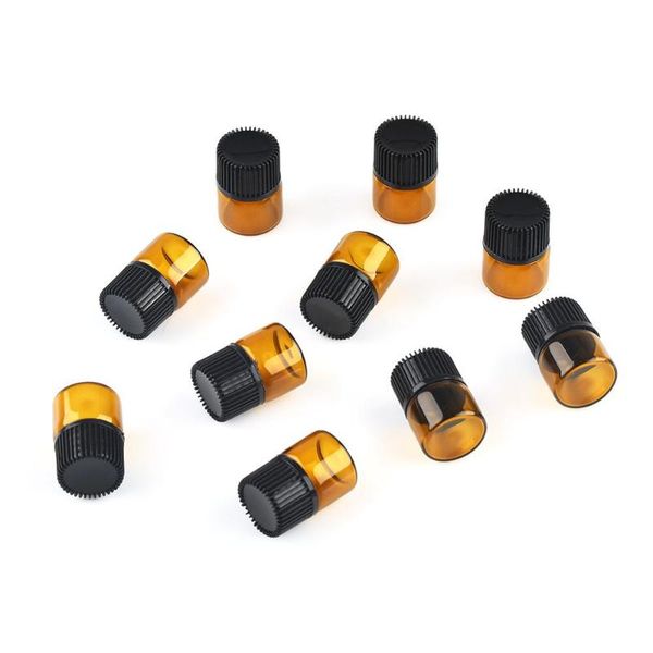 

100pcs 2ml amber essential oil perfume glass bottles orifice reducer with cap packing