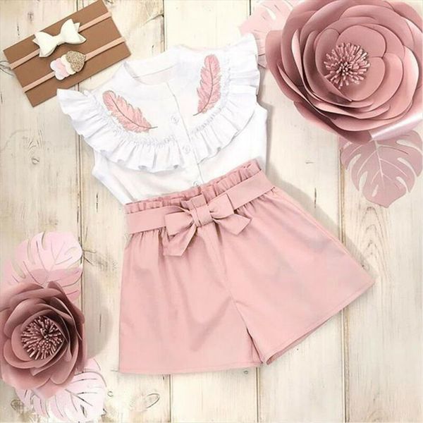 

toddler baby girl clothes sets white ruffles sleeveless t shirts bow shorts outfit kids summer clothing 1 6years