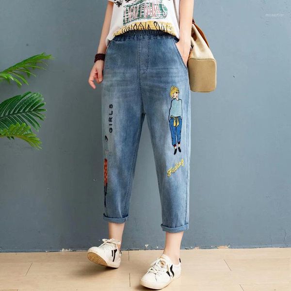 

women's cute girl embroidery ankle jeans vintage slim denim pants, Blue