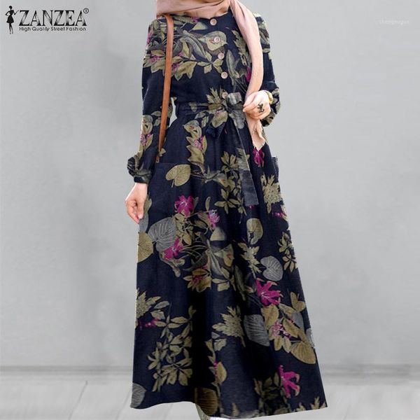 

retro floral printed maxi dress women's autumn sundress 2021 zanzea muslim dresses female belted oversized long vestido robe, Black;gray