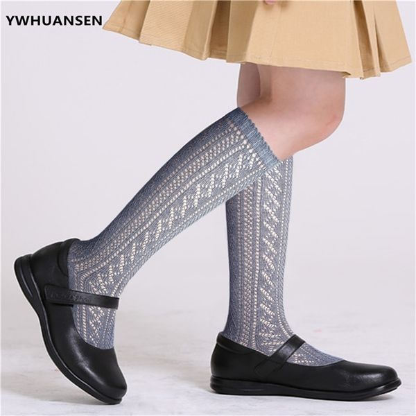 

ywhuansen summer mesh long socks for girls cotton loop transfer hollow out kids school uniform children 211021, Blue