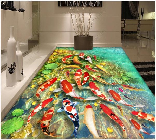 

wallpapers custom self-adhesive waterproof flooring wallpaper wall stickers pond goldfish lotus leaf bathroom living room 3d floor painting