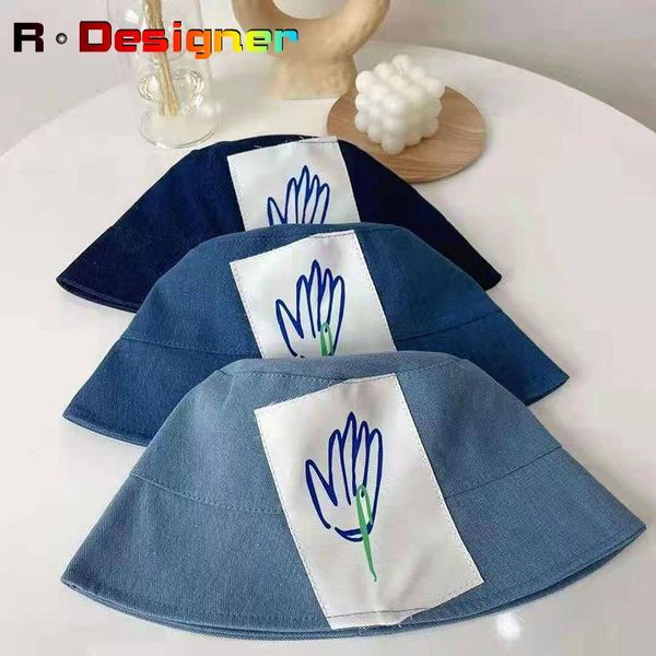 

wide brim hats summer ladies sunshade show face little cowboy logo bucket hat couple simple korean travel, Blue;gray