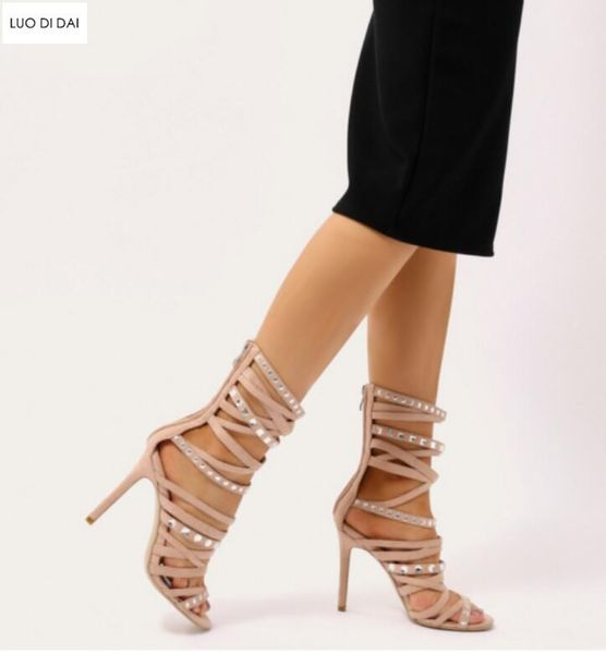 

women dress shoes peep toe high heels party summer booties gladiator sandals diamond cuts out, Black