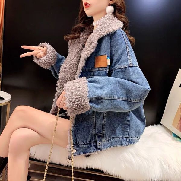 

women's jackets lamb wool denim woman's coat fall and winter fashion loosens joker more velvet m03u, Black;brown
