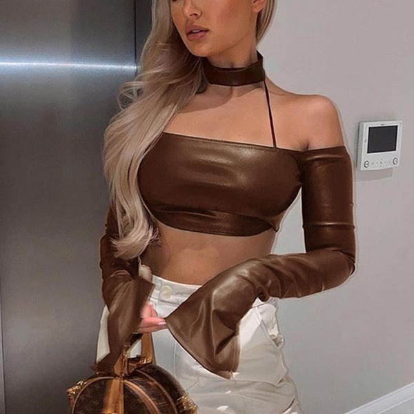 

women's fashion halter slit long sleeve one shoulder leather brown t-shirt, White