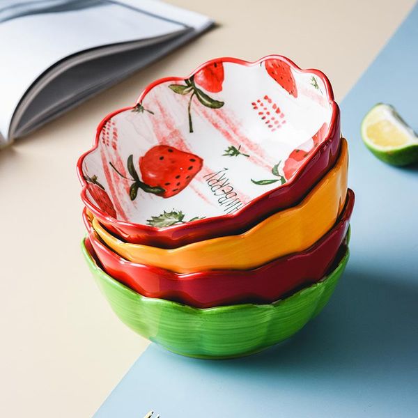 

bowls 6" ins creative japanese ceramic bowl cute noodle strawberry round lace soup rice household tableware salad