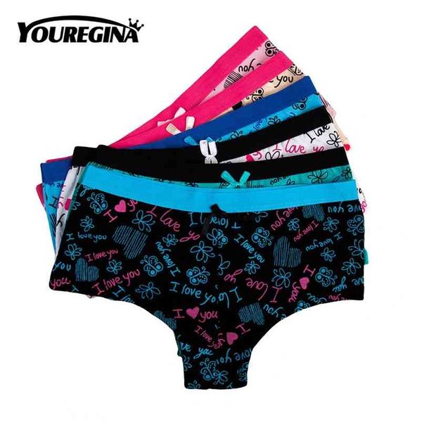 Youregina mulheres de algodão boxers retalhos cueca sexy ladies calcinha boyshorts letra impressão 6 pçs / lote m l xl verde preto branco 210730