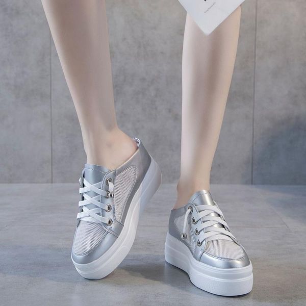 

size 42 real leather wedged shoes for women platform plus slippers white summer fashion casual ladies, Black