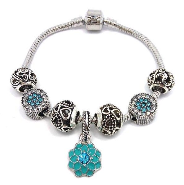

charm bracelets silver bracelet with flower pendant bead & open your heart blue rhinestone friendship, Golden;silver