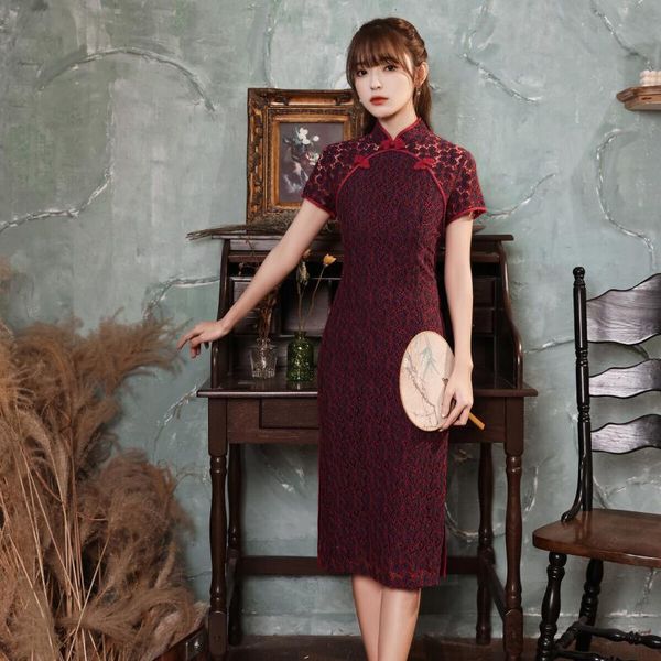 

ethnic clothing chinese style vintage burgundy mandarin collar cheongsam vestido women's button lace qipao dress size s-3xl, Red