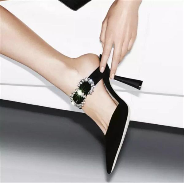 

slippers summer outdoor sandal slip on women slipper flip flop crystal thin high heels slides 8cm low heel, Black