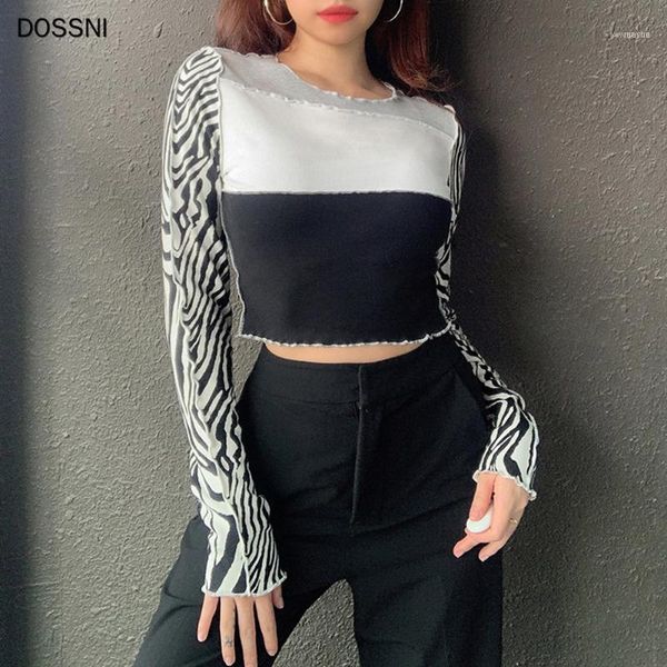 

women tshirts color match gothic crop zebra pattern printed patchwork t-shirt long sleeve streetwear clothing1, White