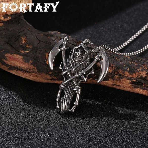 

pendant necklaces fortafy stainless steel skeleton death scythe skull necklace cool accessories neck chain for male punk jewelry frgl0012, Silver