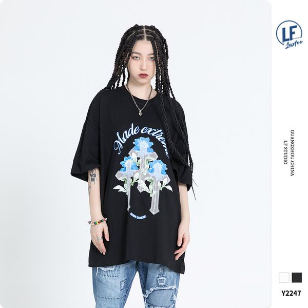 

crosin lawfoo2021 summer new product guochao men's flower cross printed lovers loose short sleeve t-shirt, White
