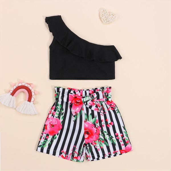 

summer infant kids girls clothes sets 2 7y one shoulder solid ruffles vest flowers striped shorts, White