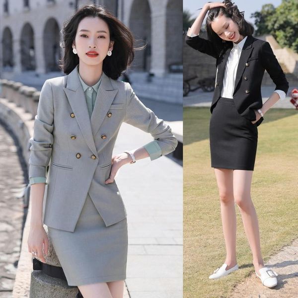 

formal women skirt suits grey blazer and jacket sets ladies work wear business office uniform styles two piece dress, White