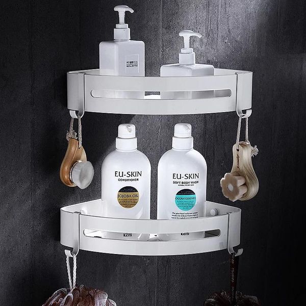 

bathroom shelves white shelf space aluminum cosmetic rack with 2 hooks shower basket corner kitchen storage bath shampoo holder