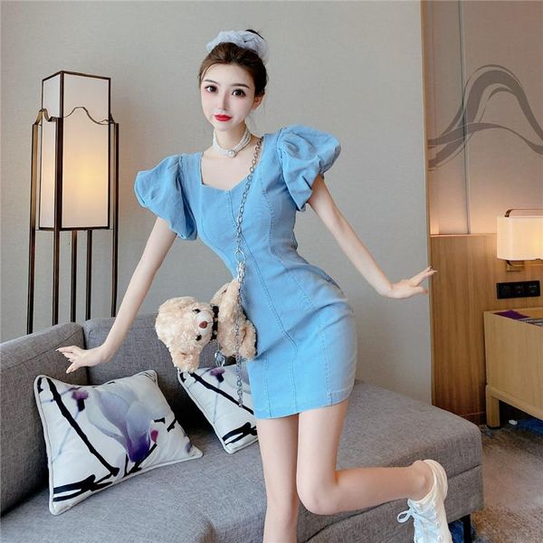 

retro slim denim dress female 2021 summer elegant bubble sleeve square neck short fashion streetwear mini dresses casual, Black;gray